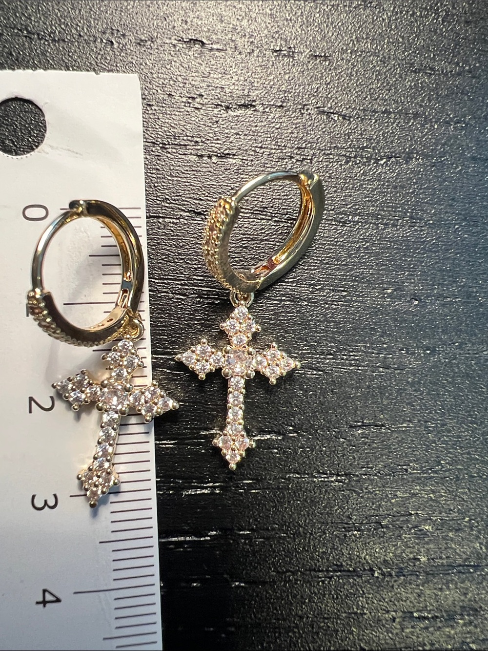 Gold Cross Huggie Hoop Earrings with Crystal Accents - Picture 3 of 3